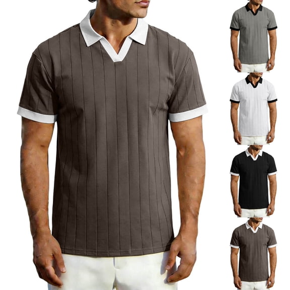 Mens Old Money Striped Knit Shirts Textured Short Sleeve V Veck Polo Sweater Casual Collared Pullover Stretch Shirt Summer Size 3XL White