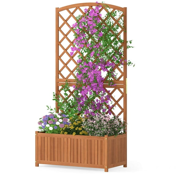 Costway 1 PCS 63” Wood Planter Container with Diamond Trellis, Planter Box, Slat Base for Plants