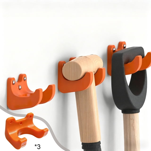 MTBLYS Garden Tool Holders Wall Mount 3 Pack Plastic Orange Hanger with Mounting Screws Heavy Duty Storage Rack for Garage Organization Long Handle Tool Holder for Rake Shovel Broom