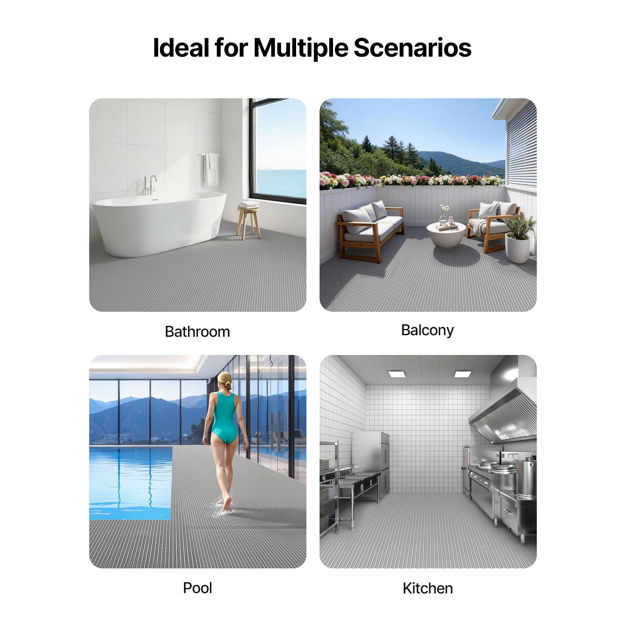 KFFKFF Drainage Mat, 3 x 16.4 ft, PVC Non-Slip Floor Mat for Wet Areas, Hollow Design Doormat Roll for Indoor and Outdoor Use in Restaurants, Pools, Patios, Bathrooms, and Washrooms, Gray