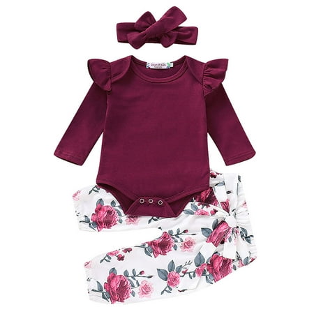 

KidPika 3PCS Newborn Kid Baby Girl Clothes Shirt Romper Pants Headband Floral Outfit Set