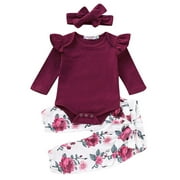 KidPika 3PCS Newborn Kid Baby Girl Clothes Shirt Romper Pants Headband Floral Outfit Set