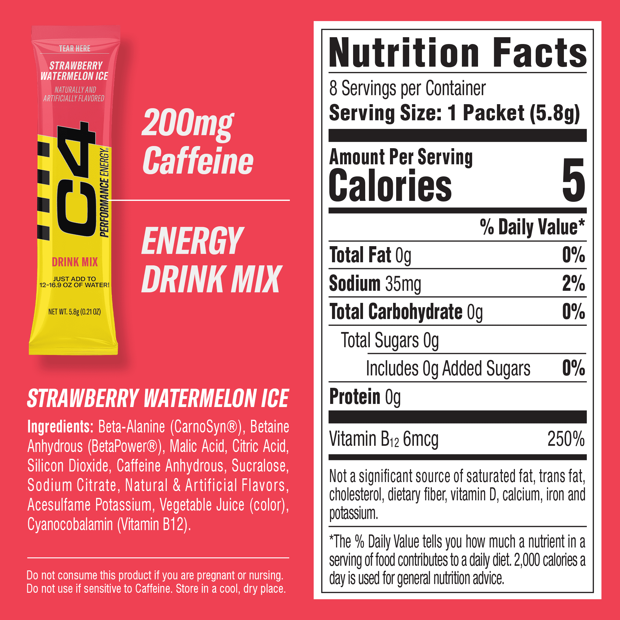 (6 pack) C4 Performance Energy Powder Mix Strawberry Watermelon Ice, 8 Pack