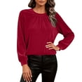 thumbnail image 2 of Lenpel Velvet Tops for Women Lantern Long Sleeve Crew Neck Pleated Dressy Casual Velour Blouses Loose Party T Shirts(Red,X-Large), 2 of 7