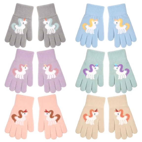 Bocaoying 6 Pairs Winter Knit Gloves for Kids, Soft Thermal Gloves, Children's Full-Finger Mittens with Novel Unicorn Pattern for Girls Ages 5-10 Years