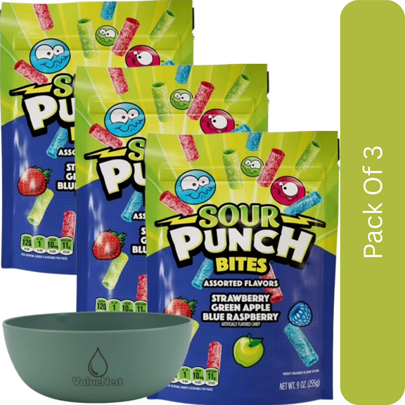 Sour Punch Bites Assorted Flavors Candy, 9 oz Resealable Bag-3pk, With Olive Green Bowl By ValueNest
