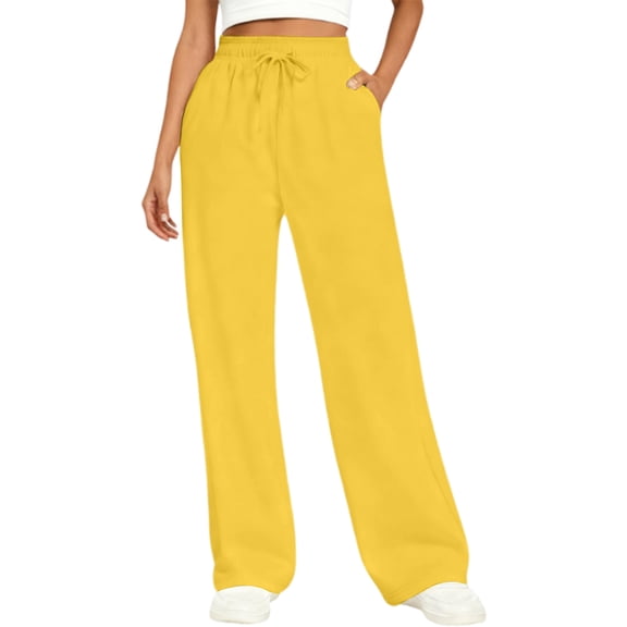 Women's Wide Leg Sweatpants Fleece Lined Baggy Sweat Pants Lounge Uncuffed Straight Leg Clothing Athletic Joggers with Pockets Yellow S