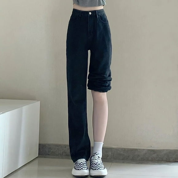 Jeans Femme Basiques Printemps Style Américain Loisirs Usés Ulzzang Collège Denim Mode Ample Taille Haute Hip Hop Vintage - Noir 01 / TG