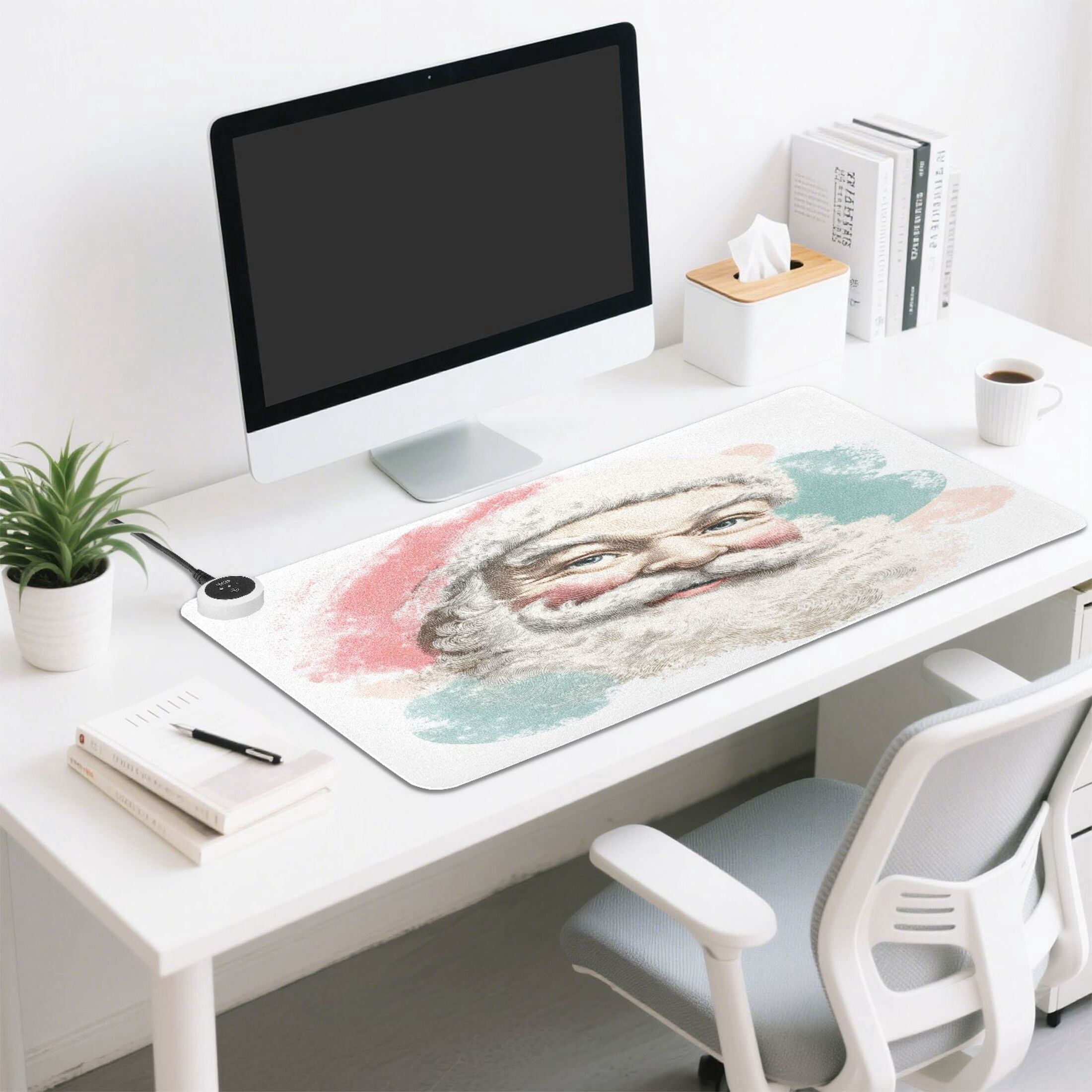 Large Heated Desk Mat Mouse Pad 31.5"x13"PU Leather Graphene Heating Desk Warmer with 3 Temperature Settings 110V US Plug Non-Slip Warm Pad for Home, Office, and Gaming Smiling Santa Claus Pattern