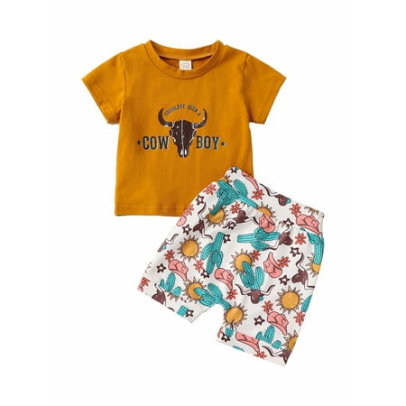 

Western Toddler Baby Boy Summer Clothes Cattle Head Print T Shirts Tops Shorts Set Infant Cowboy Outfits