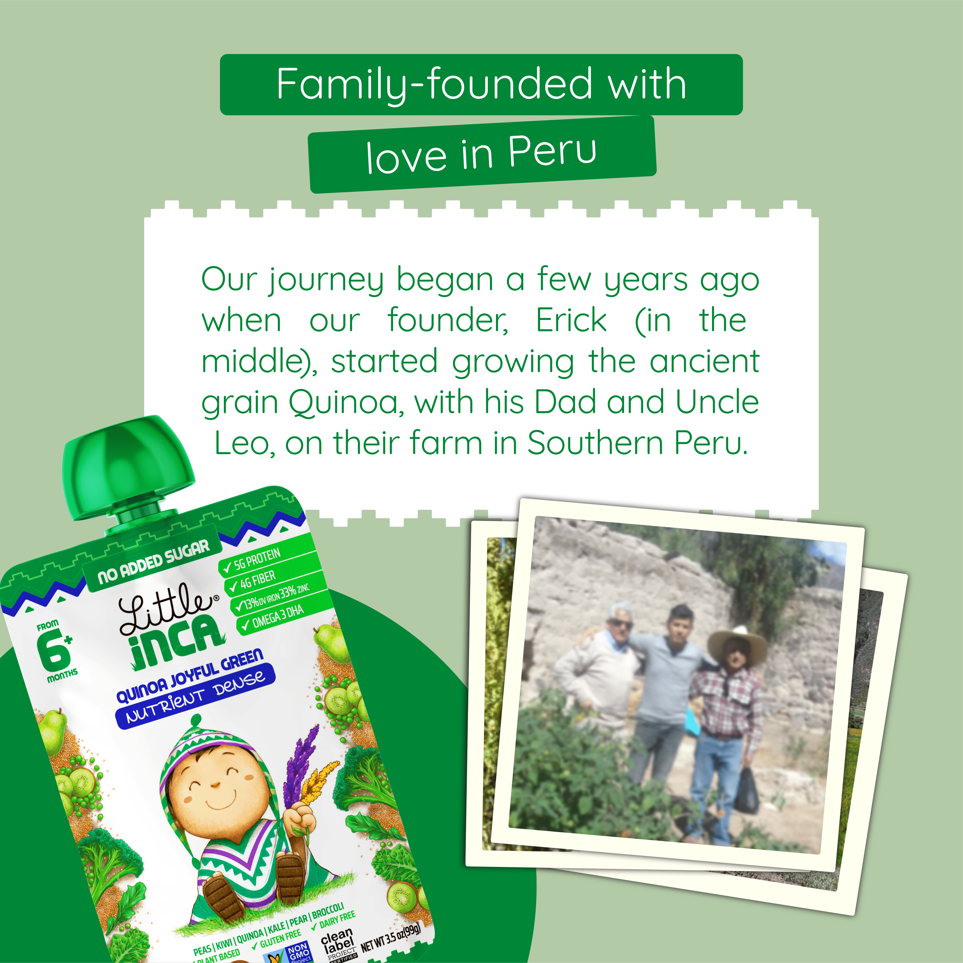 Little Inca Stage 2 Baby Food Pouches, Quinoa Joyful Green Baby Puree, Plant Based High Protein, Dairy-Free, 6 x 3.5oz