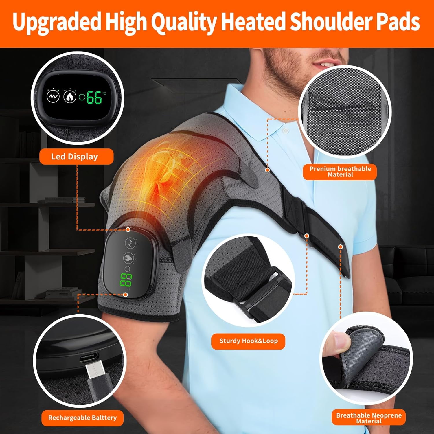 Wrongduck Cordless Heated Shoulder Brace Wrap with Massage, 3 Heat & Vibration Modes, 5000mAh Rechargeable Heating Pad Shoulder Massager for Men and Women