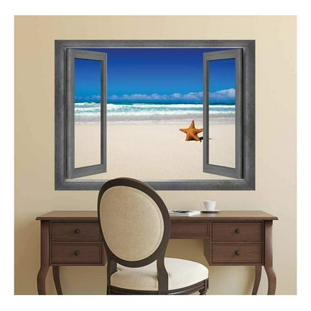 Ocean View Wall Mural wall26 - Open Window Creative Wall Decor - View of The Ocean and a Lone Starfish - Wall Mural, Removable Sticker, Home Decor - 36x48 inches ()