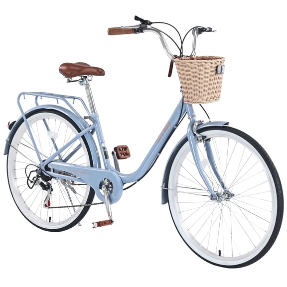 26" Beach Cruiser Bike with Basket, 7-Speed City Commuter Bicycle for Ladies, Green