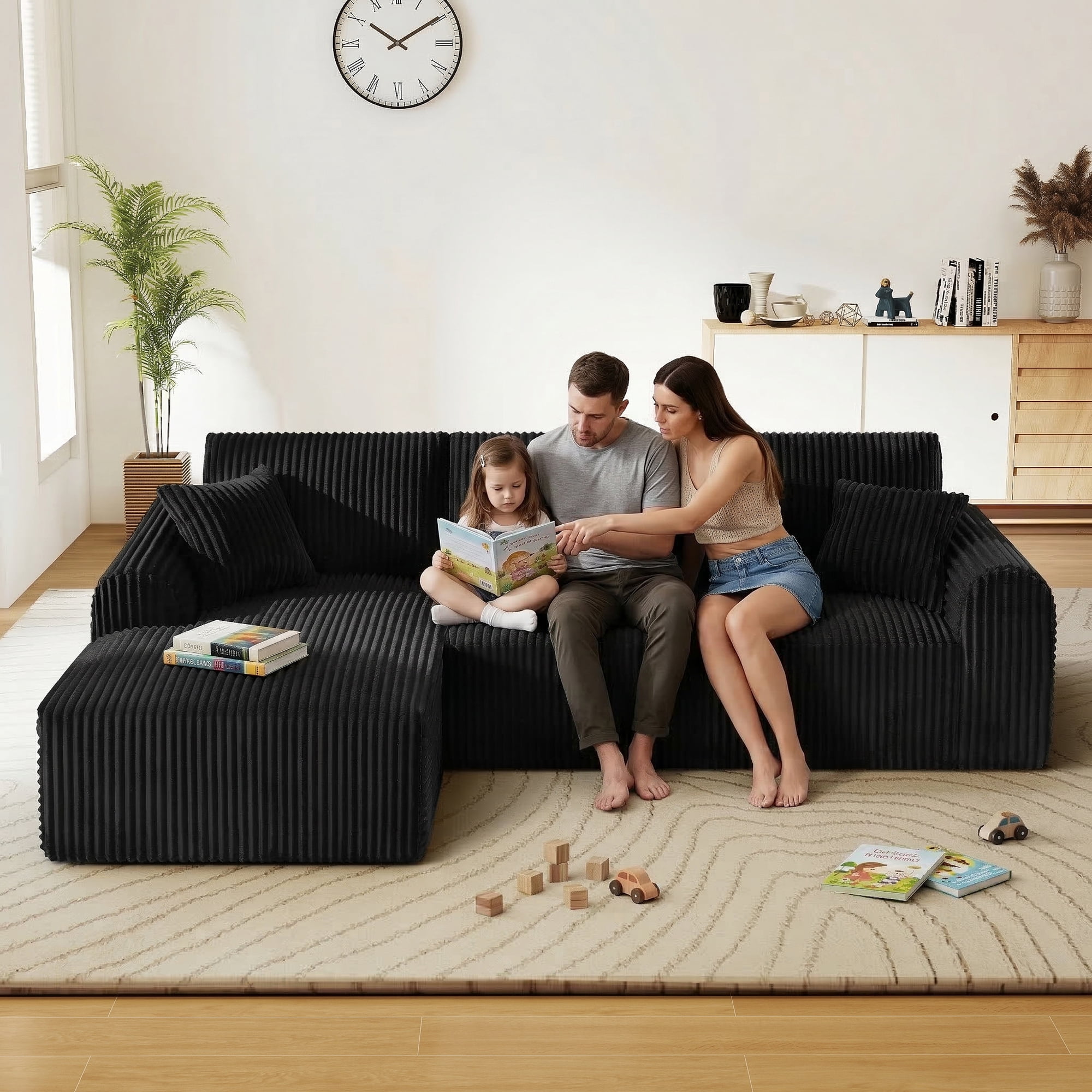 Aukfa 109" Modular Cloud Sectional Sofa with L-Shape Chaise, Corduroy Upholstered Deep Seat Couch, Left Facing Chaise, No Assembly Boneless Sofa for Living Room/Bedroom/Apartment, Black
