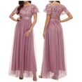 thumbnail image 2 of Summer Saving Wycnly Dresses for Women 2024 Wedding Guest Party Elegant Mesh Patchwork Plus Size Empire Waist A Line Long Dresses Solid Short Sleeve Crewneck Maxi Formal Dresses for Women Pink XL, 2 of 5