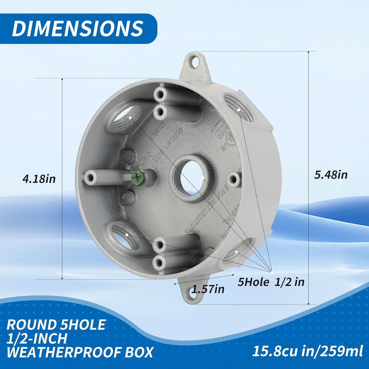 Gray Aluminum Round Weatherproof Outlet Box, 3 Pack 5-0.5 inch Holes, 15.8 cu in/259ml, Includes 4 Closure Plugs, 1 Green Grounding Screw, 2 Common Screws for Covers