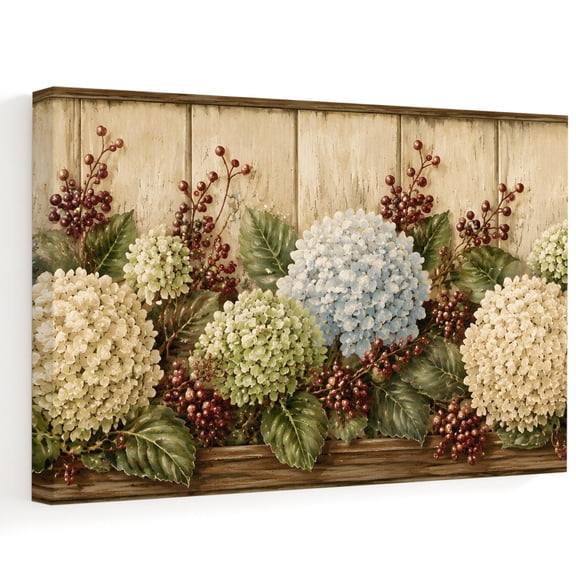 Fall Hydrangea Canvas Wall Art, Country Farmhouse Green Blue White Flowers Berry Wall Art Prints Artwork Framed Canvas Ready to Hang Art Pictures for Bathroom Bedroom Entry Desk Corner 10" x 8"