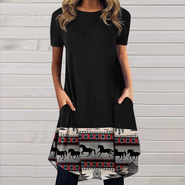 SMihono Robe d'Été Boho pour Femmes Grande Taille Mode Femmes Décontractée Col Rond Imprimé Manches Courtes Robe avec Poche