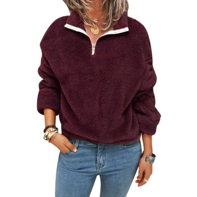LUXUR Chandail pour Femmes à Manches Longues, Chandail en Molleton à Fermeture Éclair devant, T-shirt Décontracté en Sherpa, Chandail à Col à Revers en Molleton Duveteux, Chandails en Molleton Rouges G