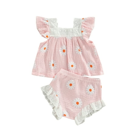 

Infant Baby Girls Casual Suit Fly Sleeve Sunflower Printed Lace Tops+Ruffled Printed Shorts