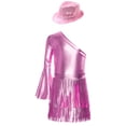 thumbnail image 5 of inlzdz Girls 3Pcs Groovy Jazz Dance Disco Outfit Metallic One Flared Sleeve Leotard with Tassel Skirt Sequin Hat Set Pink 8, 5 of 7