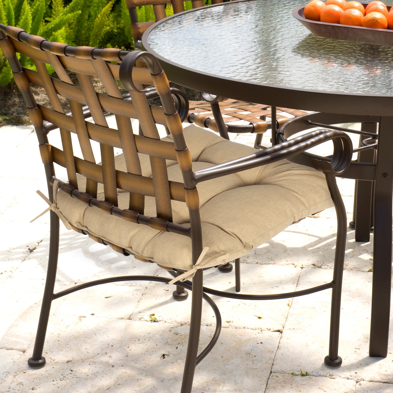Aoodor 19x19x5 Inch Tufted Outdoor Chair Cushions, Water and Fade Resistant Polyester Dining Chair Pads with Ties for Patio Furniture, Set of 4, Brown