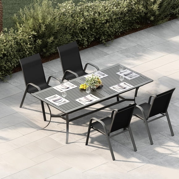 Stackable Patio Dining Chairs Set of 4 – High Back, All-Weather Black Textilene, Metal Frame, Outdoor Lawn Deck Seating for Patio, Garden, Balcony – Black-Gray Spray Plastic & Black 2x1 Textilene