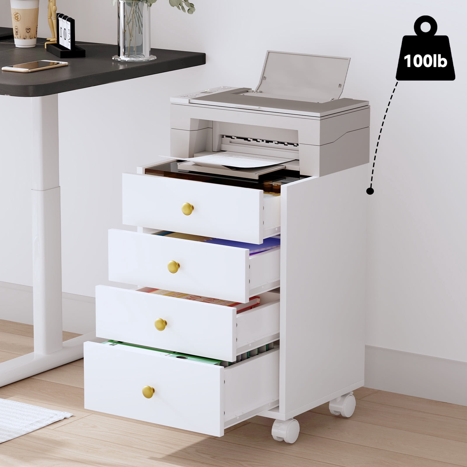 Cyehnenx 4 Drawer File Cabinet, Under Desk Storage, Home Office Vertical Storage Cabinet with Glass Top, Mobile Printer Stand with Lockable Wheels for Home Office Study, White