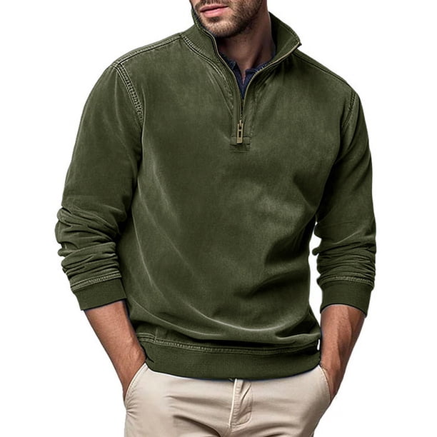Blusa y camisa de manga larga con cuello alto para hombre, informal, de color liso, con cremallera, de poliéster