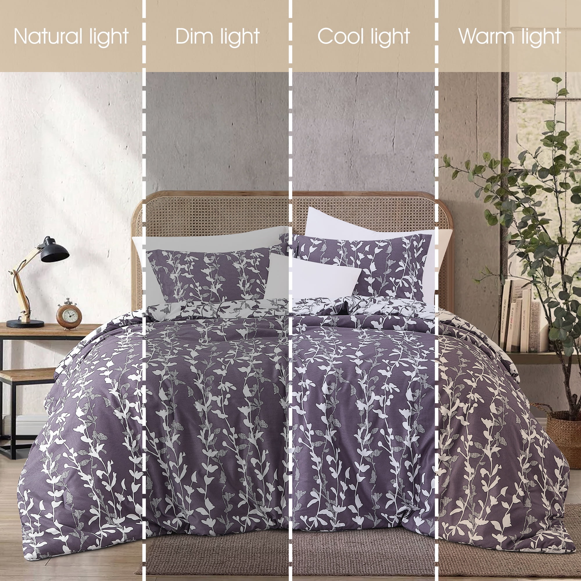 Nanshing 3 Piece Grayish Purple Comforter Set, Queen Size Solid Microfiber Print Bedding Set,All Season Leaves Bedding