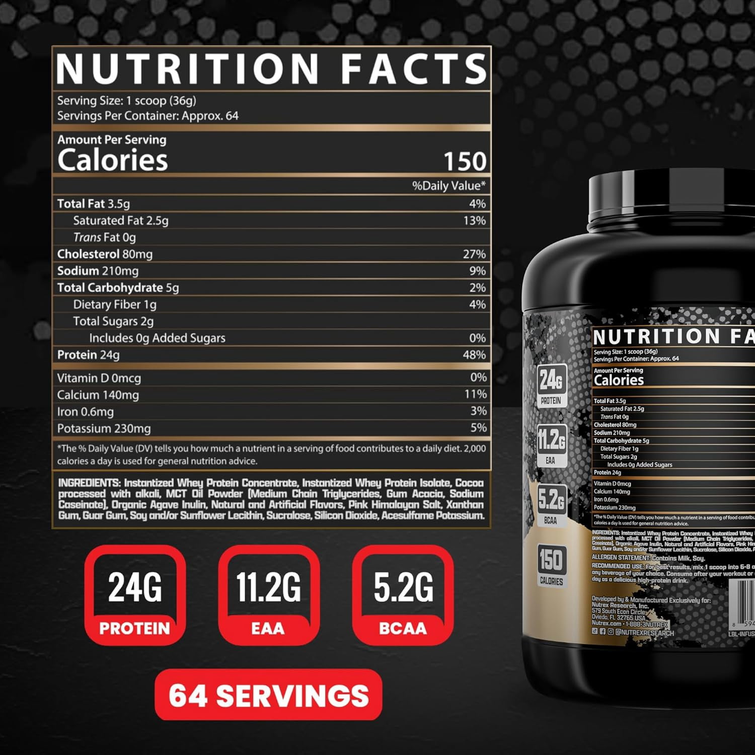 Nutrex Research Chocolate Whey Protein Powder Isolate With EAA & High BCAA Amino Acids For Muscle Support Men & Women Sports Nutrition Protein Blend