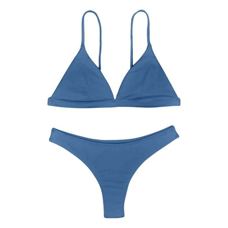 JIANJIA Womens Swimsuits Solid Color Sexy Spaghetti Strap Brassiere With Thongs Split Swimsuit Two Piece Bikinis Swimwears Bathing Suits Blue S