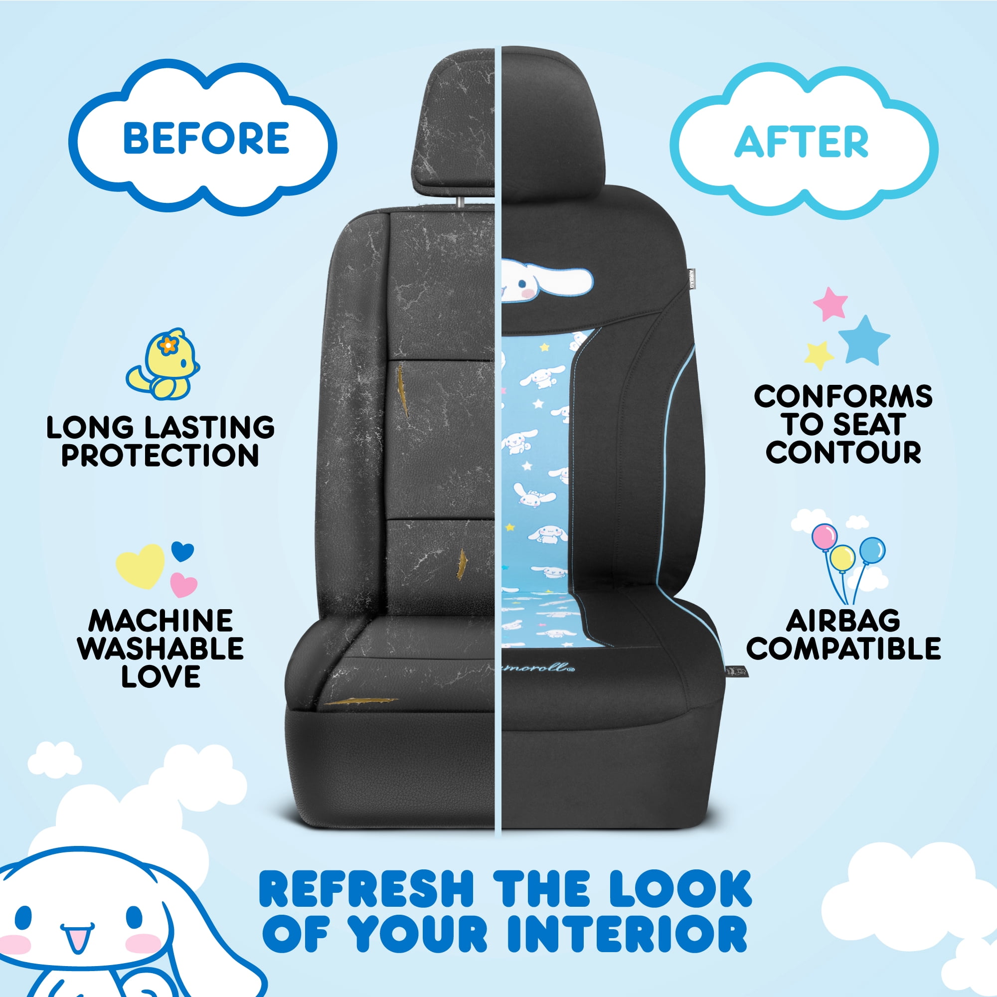 Hello Kitty Cinnamoroll Car Seat Covers - Adorable Light Blue Front Seat Covers with Cute Cinnamoroll Design, Durable and Comfortable Polyester, Car Accessories Hello Kitty Accessories 2pc