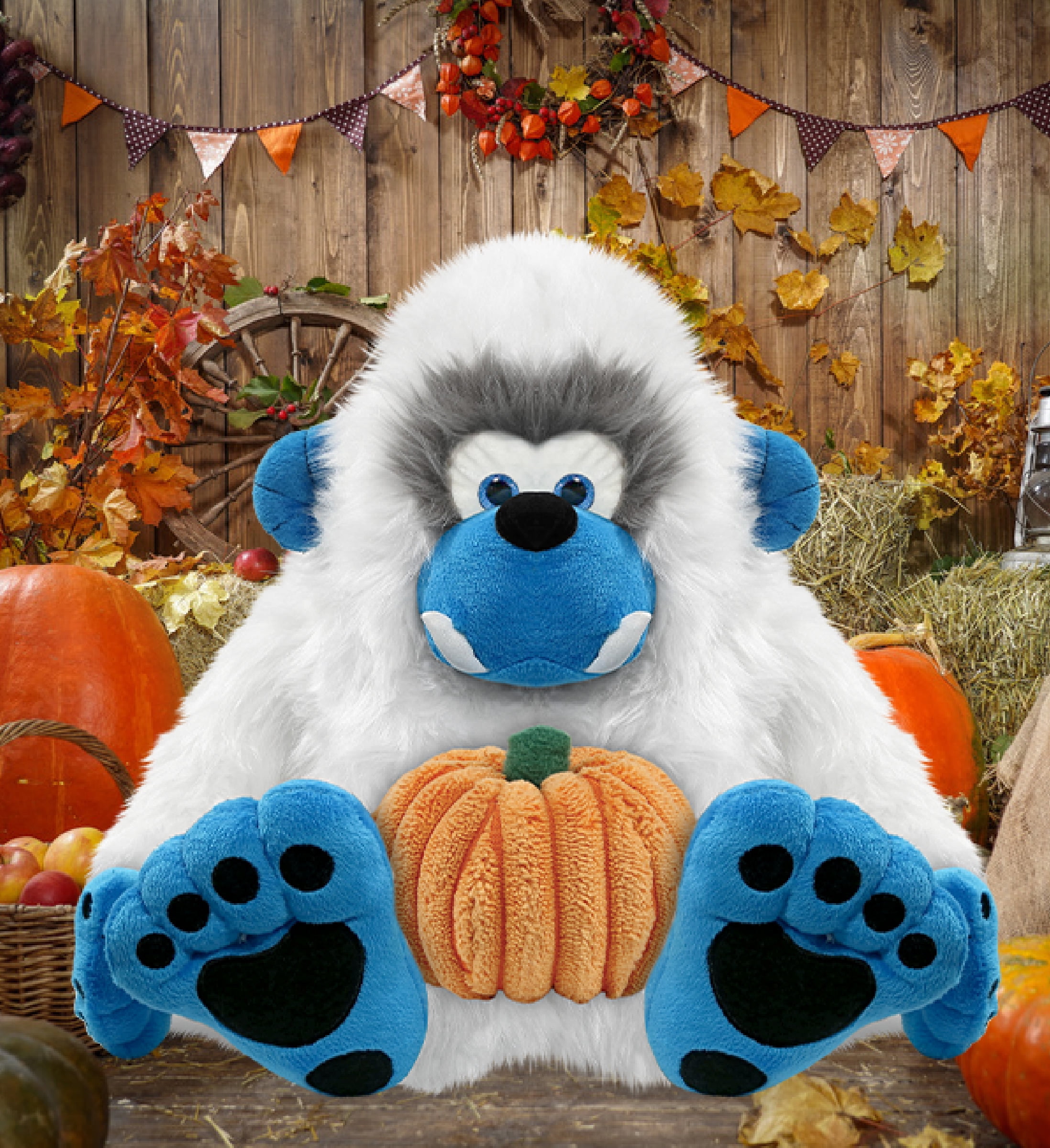 DolliBu Super Soft Yeti Stuffed Animal with Pumpkin Decor - Pumpkin Plush Animal for Fall, Halloween and Thanksgiving, Pumpkin Toy for Baby, Kids, Adults - 12 Inches