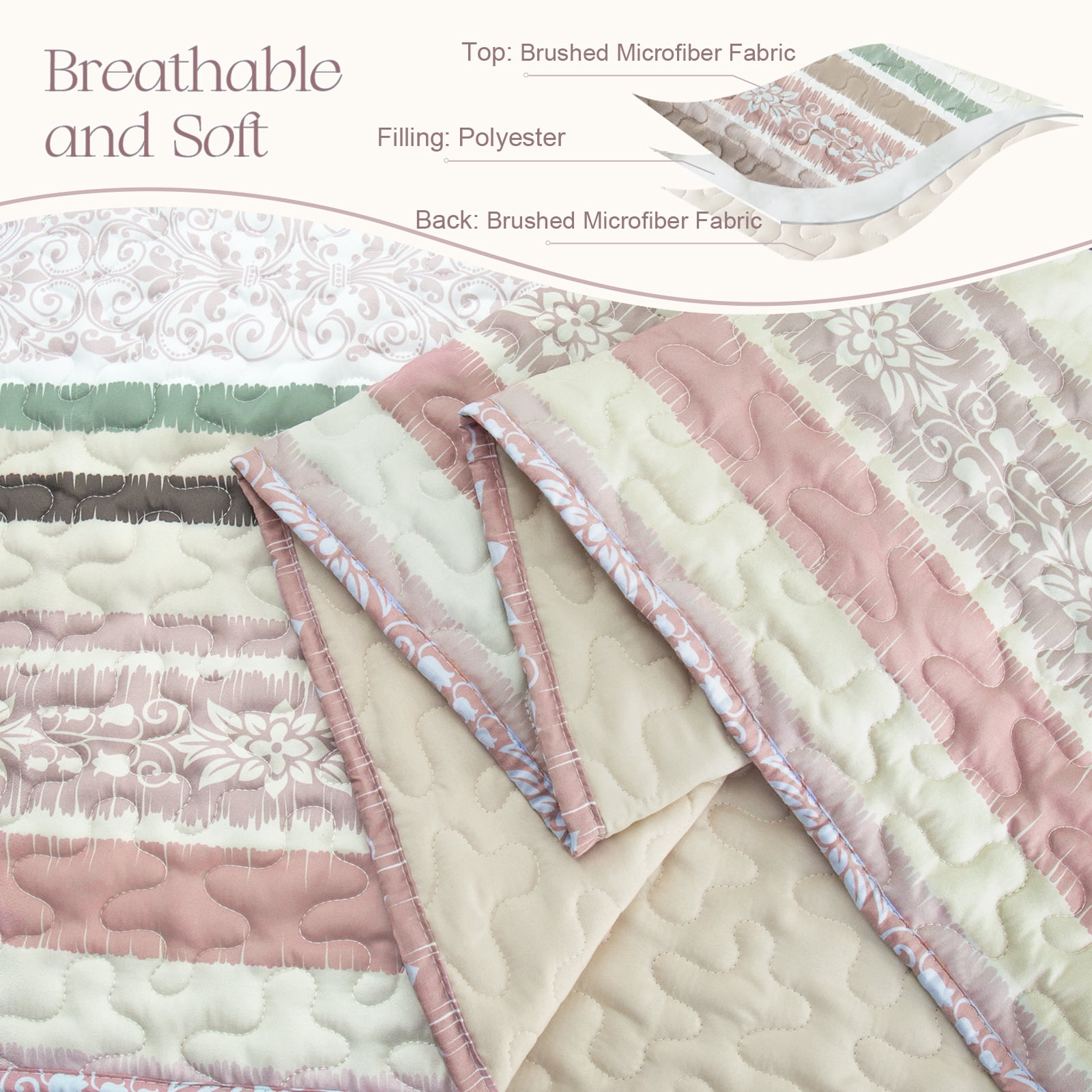 Exclusivo Mezcla Reversible Boho Quilt Set Queen Size, 3 Pieces Bohemian Striped Pink All Season Bedspreads, Ultra Soft Floral Coverlet Bedding Set with Printed Pattern (1 Quilt, 2 Pillow Shams)