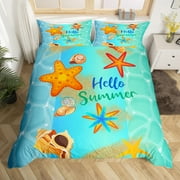 YST Beach Duvet Cover Twin Cute Beach Theme Bedding Set for Kids Boys Girls, Kawaii Starfish Comforter Cover Sea Conch Bed Set, Teal Marine Bedding Ocean Bedroom Decor 2pcs (No Comforter)