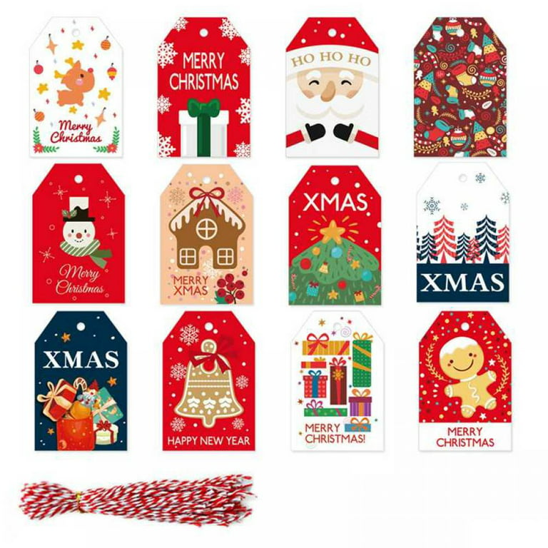 Keimprove 48 Pcs Christmas Gift Tags with String Christmas Tree Hanging  Ornament Xmas Gift Labels Christmas Theme Design Cardboard Christmas Tags  for