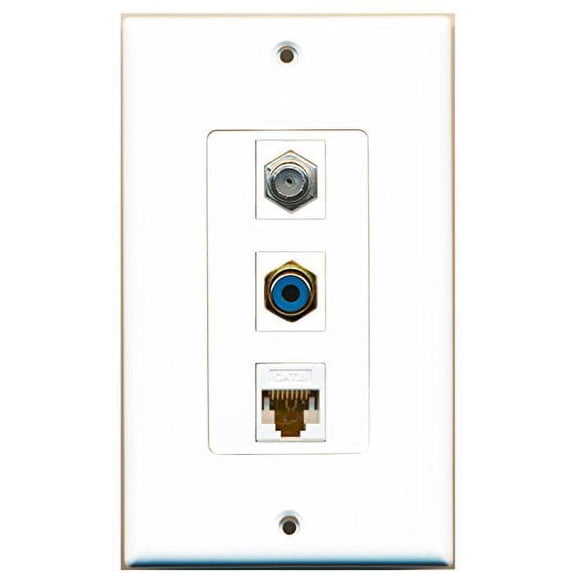 RiteAV - 1 Port RCA Blue and 1 Port Coax Cable TV- F-Type and 1 Port Cat6 Ethernet White Decorative Wall Plate Decorative