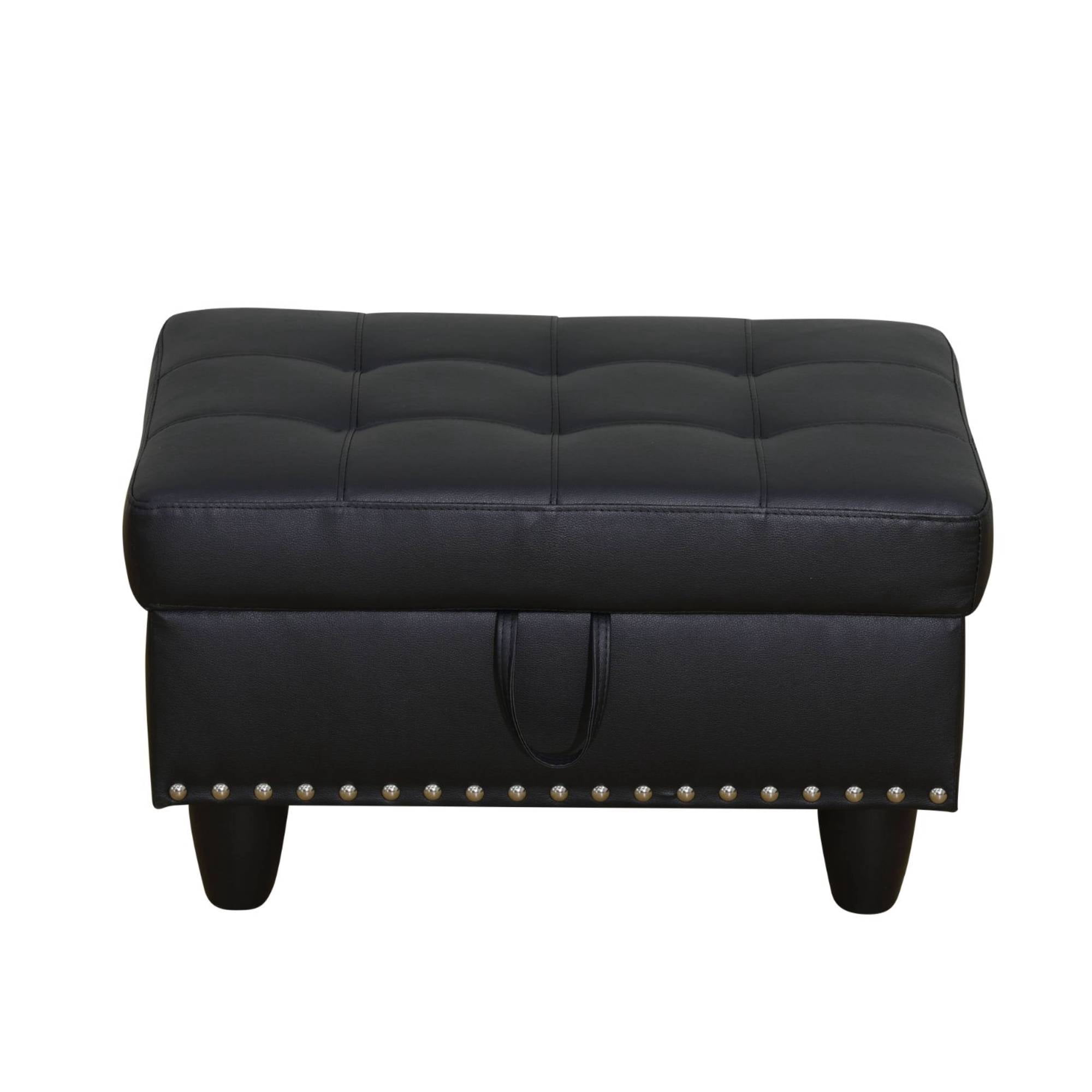 Leather Storage Ottoman Bench wiht Button Tufted, Nail-HeadFoot Rest Ottoman Stool for Living Room, Black