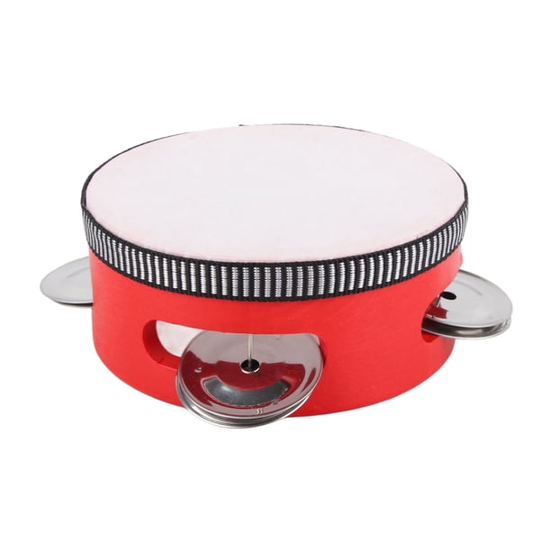 Pandereta de madera con cascabeles, tambor de mano, instrumento musical de percusión educativo para niños, 4 pulgadas, color rojo