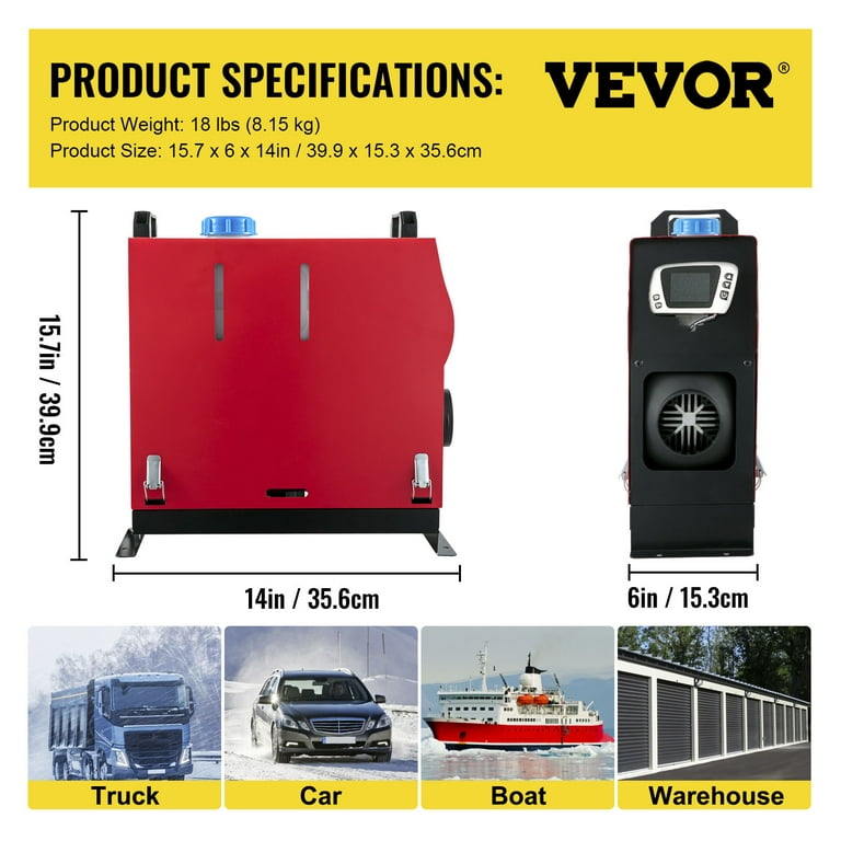 VEVORbrand Diesel Air Heater All in One 12V 8KW, Diesel Parking with LCD  Switch, Silencer, Wireless Control and One Air Outlet for Car, Bus, Truck