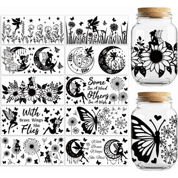 UV DTF Cup Transfer Wraps Stickers Black Fairy 10 Sheets Waterproof Vinyl 16oz Coffee Glass Cup Tumbler Bottle Mug Decals