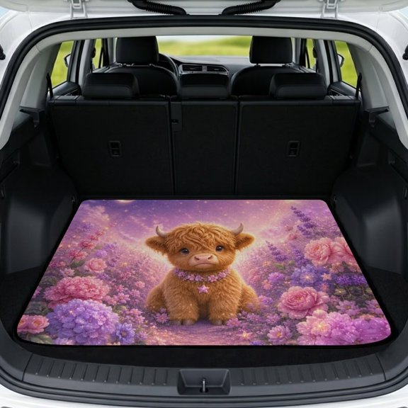SEANATIVE Cargo Mats Anti-Slip Backing All Weather Trunk Protection Cargo Liner Washable Trunk Mat Decorative Scratch-Resistant Auto Interior Mat for Dogs Cats, Highland Cow Floral Violet