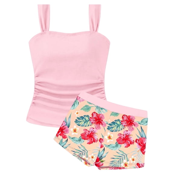 YEPGAR Girls Tankini Swimsuit 2 Piece Printed Bathing Suit Girls' Swimwear for 7-16 Years (Pink, 7-8 Years)