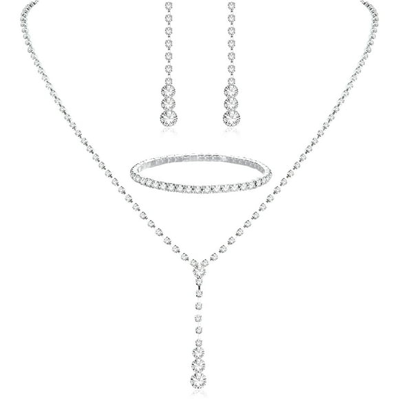 Nvzi-c Bridal Wedding Jewelry Set Crystal Necklace Bracelet Earrings Set for Bride Bridesmaid Rhinestone Necklace Prom Costume Jewelry Set Accessories for Women,B01