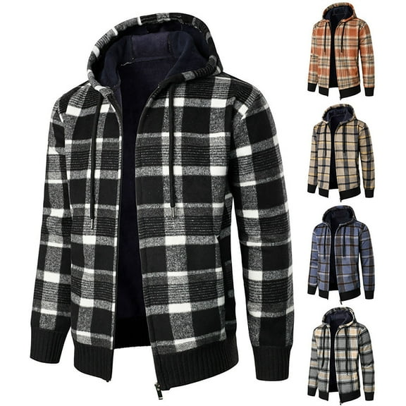 Brondbend Winter Coat for Men Men's Jackets for Fall Hooded Long Sleeved Zipper Pocket Outerwear Plaid Comfy Jacket Loose Fit Work Tops Black