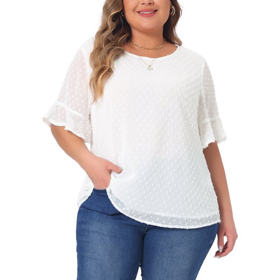 DARING DIVA Women's Plus Round Neck Ruffle Sleeve Swiss Dots Top 1X White