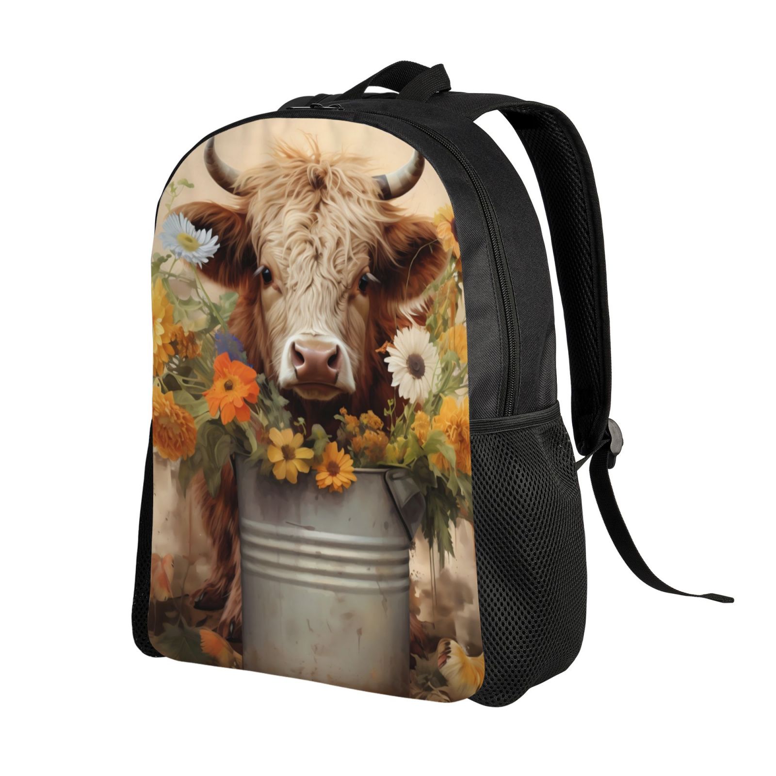 Xecao Bucket Flower Cow Print School Backpack with Laptop Compartment Small Travel Laptop Backpack for Women Men Waterproof College Backpack Simple School Bag