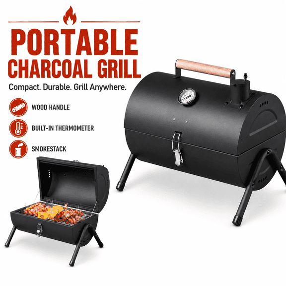 TOPNEST Portable Charcoal Grill with Thermometer and Wooden Handle, Black